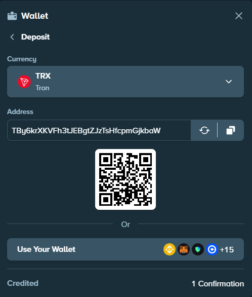 TRX-Einzahlungsansicht im Stake Wallet mit Adresse und QR-Code