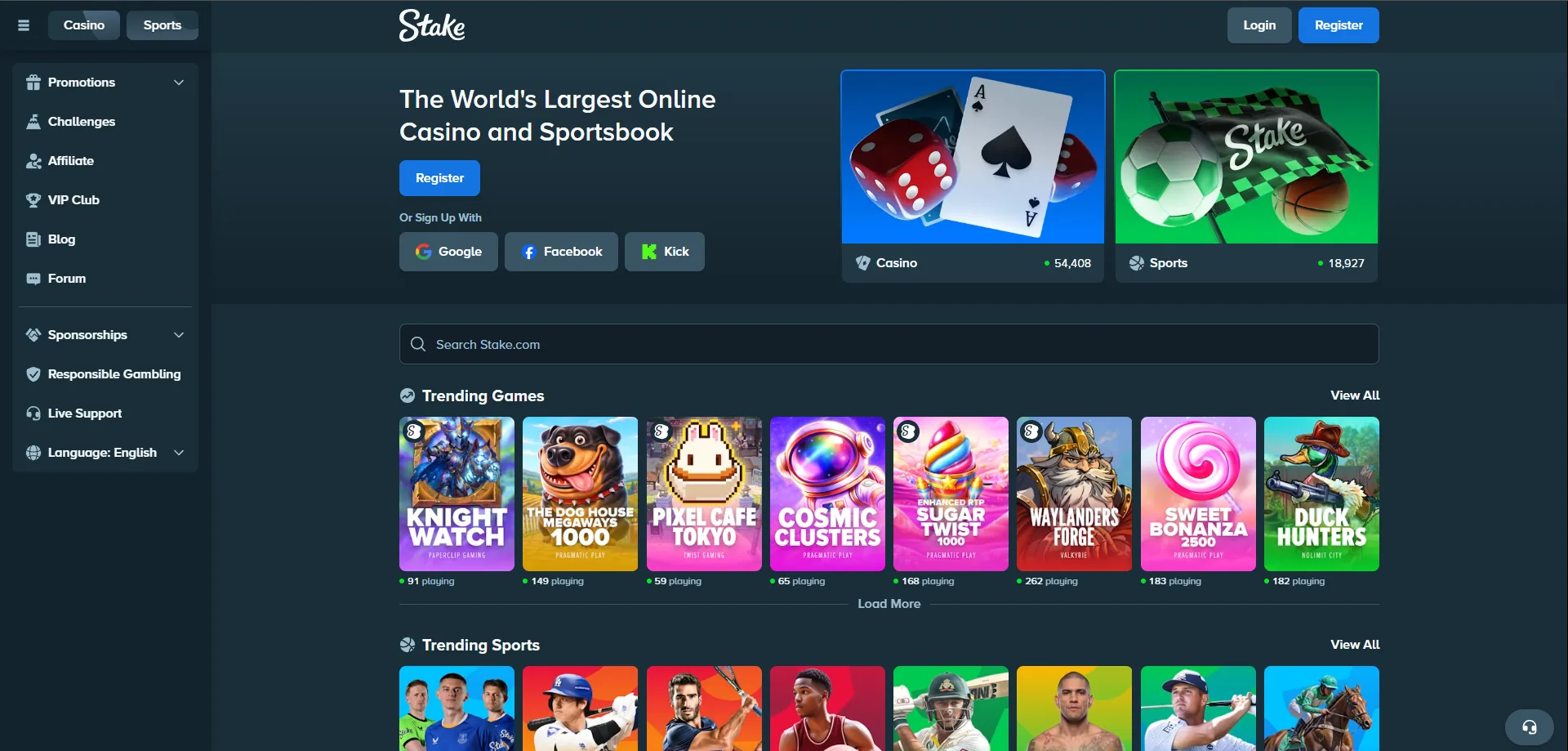 Stake’s interface with its casino and sports sections