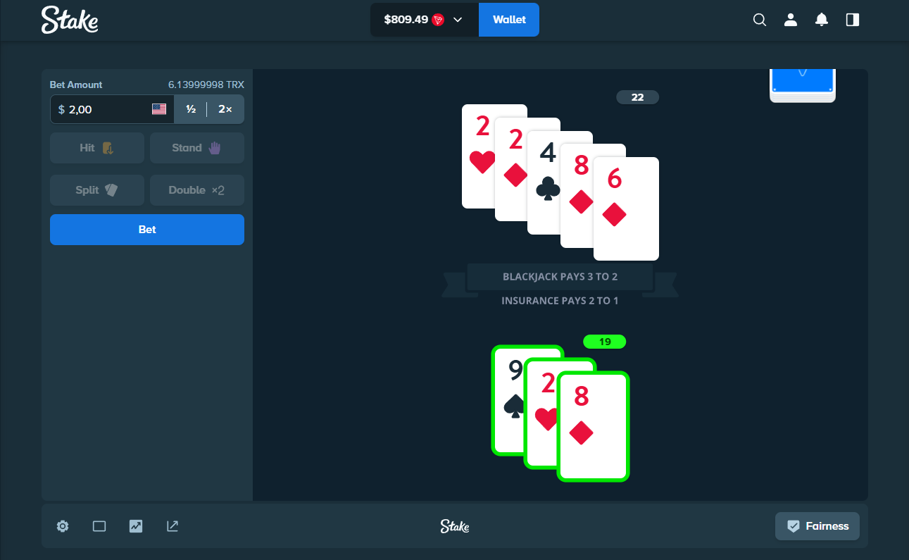 Stake Blackjack interface showing the player’s hand, the dealer’s hand and the game controls