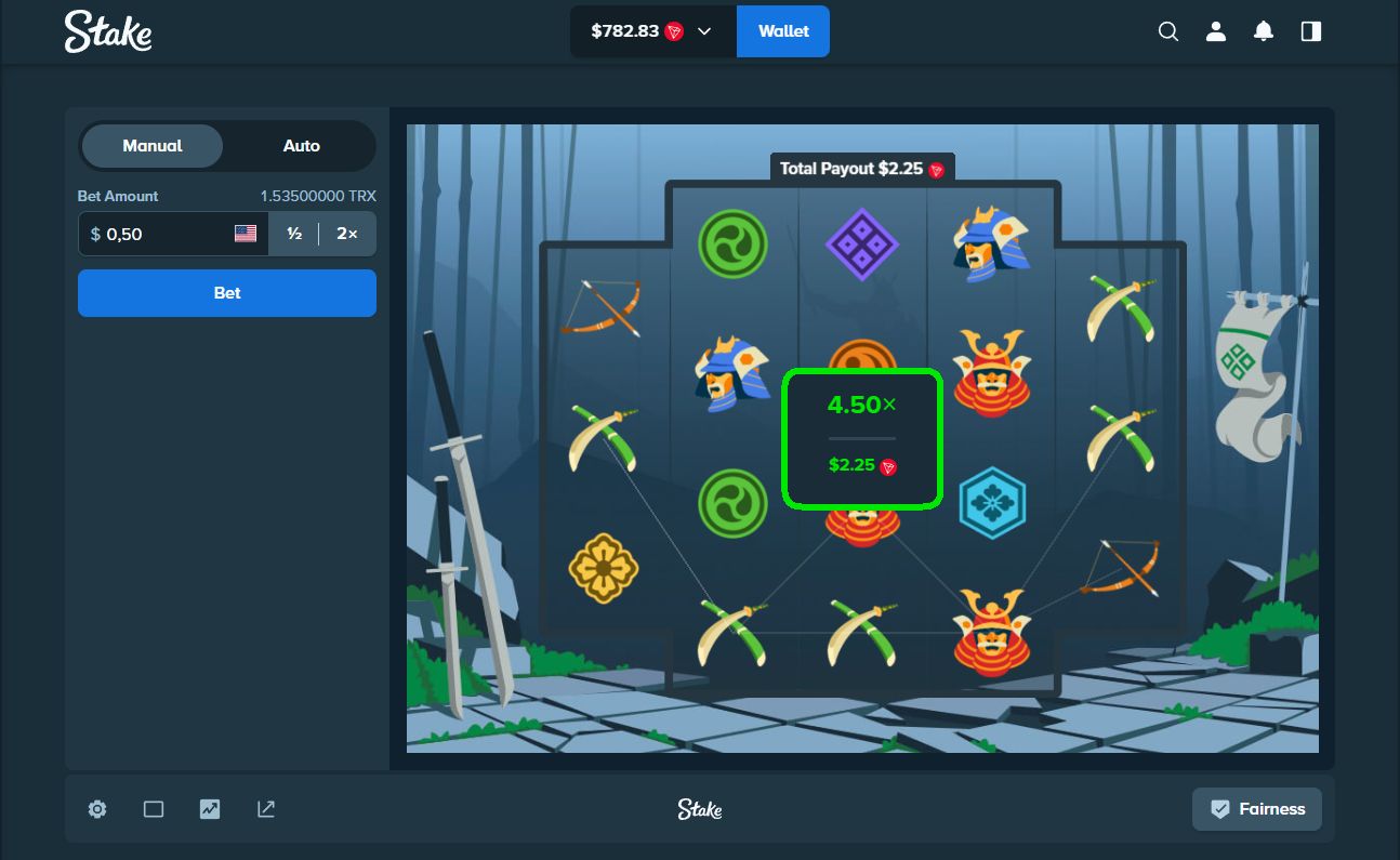 Stake Blue Samurai interface showing five reels and a 4.50x payout