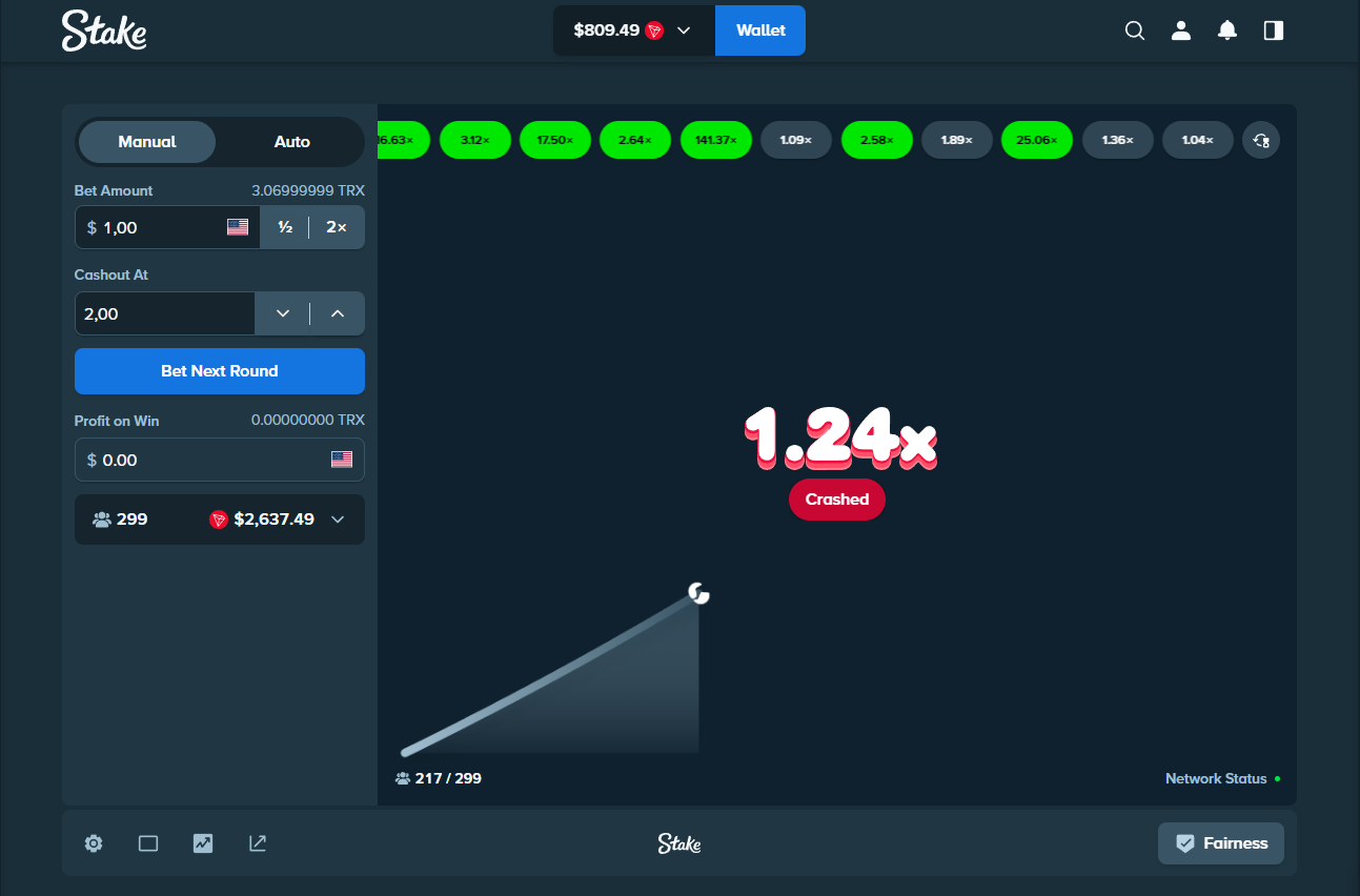 Stake Crash interface showing the multiplier, graph, history and bet settings