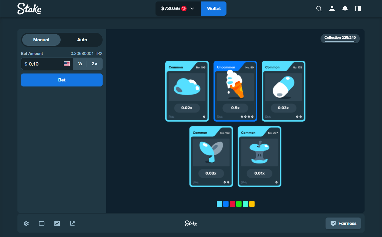 Stake Packs interface showing five revealed cards and collection progress