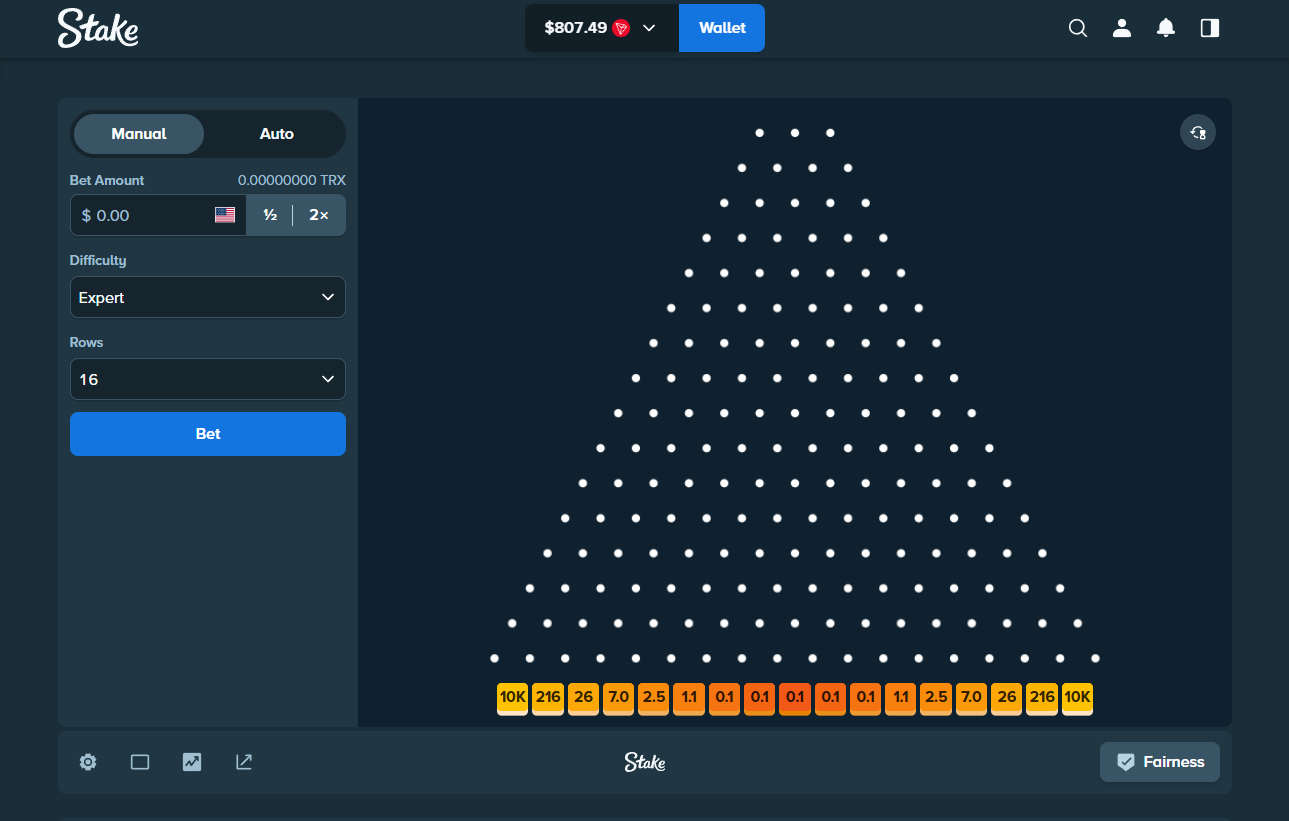 Stake Plinko interface showing the peg grid, rows, difficulty and multipliers
