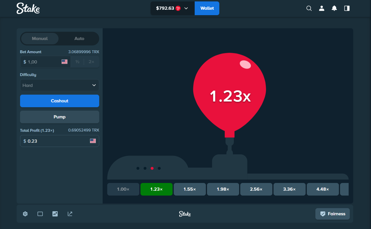 Stake Pump interface showing the balloon, multiplier and difficulty settings
